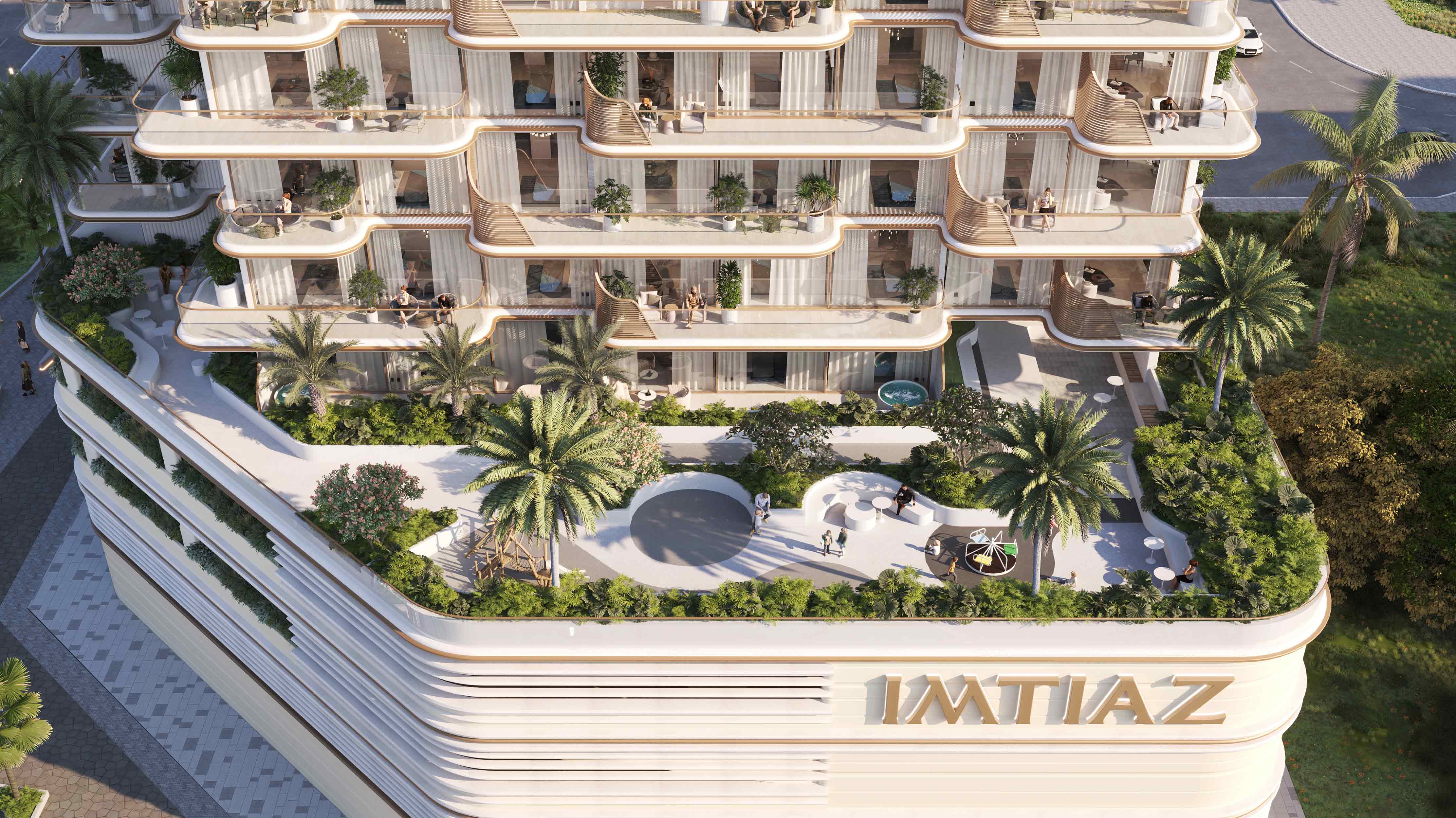 Sunset Bay Grand By Imtiaz A modern building with greenery, balconies, and a rooftop pool, featuring people enjoying the outdoor space.